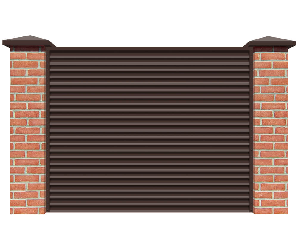 Секция забора жалюзи из ламелей Жалюзи ЭКО-Z RAL8017 Шоколад с кирпичными столбами анфас