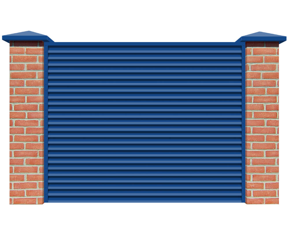 Секция забора жалюзи из ламелей Жалюзи ЭКО-Z RAL5005 Синий сигнал с кирпичными столбами анфас