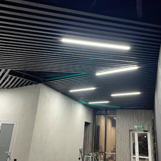 Стальная рейка RAL9005 МАТТЕ Черный матовый на потолке коммерческого помещения